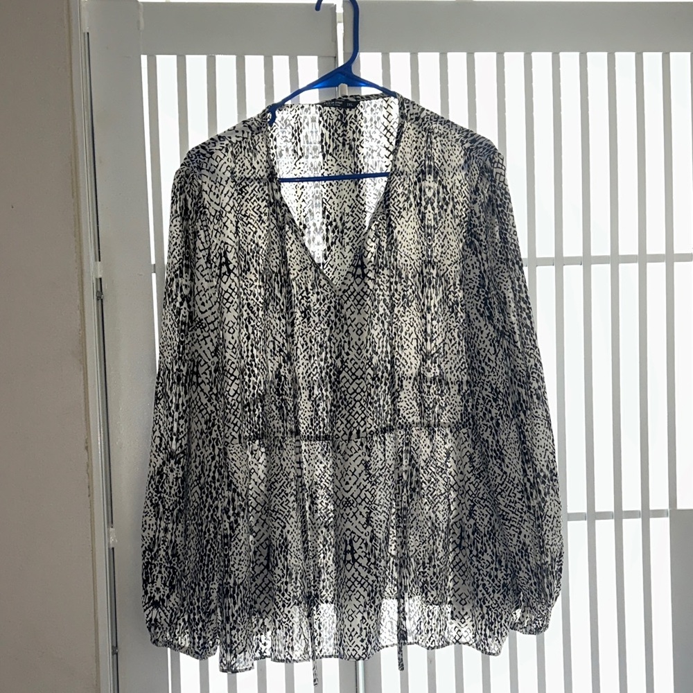 SHEIN Black & White Printed V-Neck Sheer Blouse